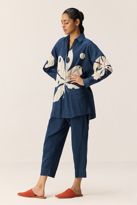 Buy_Kharakapas_Blue Cotton Collared Ocean Storm Shirt And Pant Co-ord Set _Online_at_Aza_Fashions