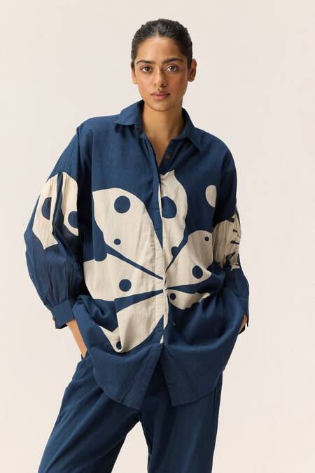 Kharakapas_Blue Cotton Collared Ocean Storm Shirt And Pant Co-ord Set _at_Aza_Fashions