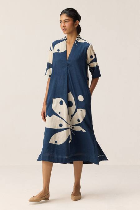 Kharakapas Blue Cotton V-neck Sapphire Shadow Navy Dress Online at Aza Fashions Kharakapas_Blue Cotton V-neck Sapphire Shadow Navy Dress _Online_at_Aza_Fashions