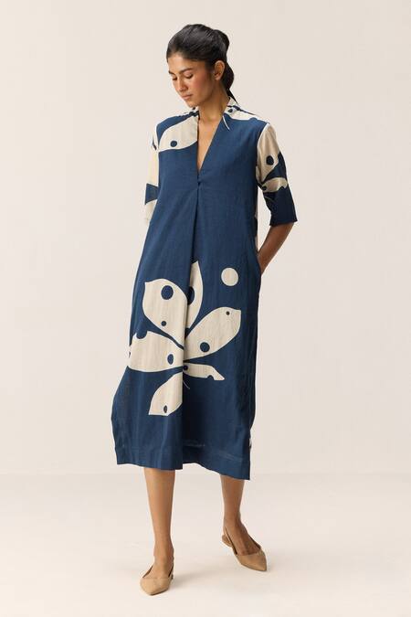 Buy Kharakapas Blue Cotton V-neck Sapphire Shadow Navy Dress Online at Aza Fashions Buy_Kharakapas_Blue Cotton V-neck Sapphire Shadow Navy Dress _Online_at_Aza_Fashions