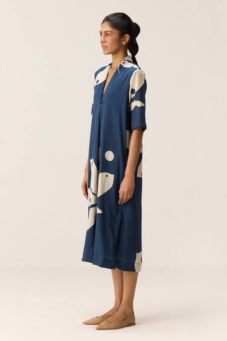 Shop Kharakapas Blue Cotton V-neck Sapphire Shadow Navy Dress Online at Aza Fashions Shop_Kharakapas_Blue Cotton V-neck Sapphire Shadow Navy Dress _Online_at_Aza_Fashions