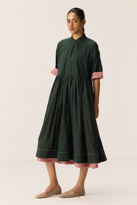Buy_Kharakapas_Green Cotton Collared Tangled In Checks Dress _Online_at_Aza_Fashions