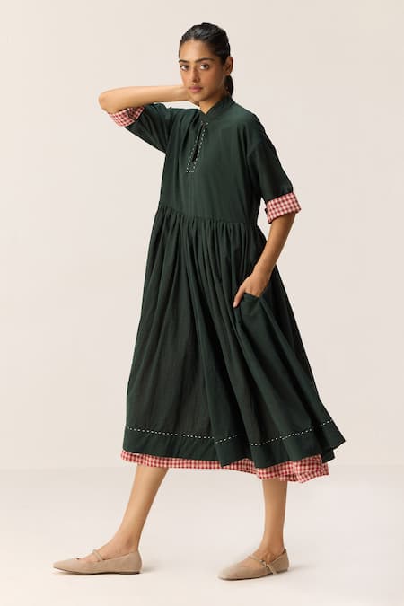 Shop_Kharakapas_Green Cotton Collared Tangled In Checks Dress _Online_at_Aza_Fashions