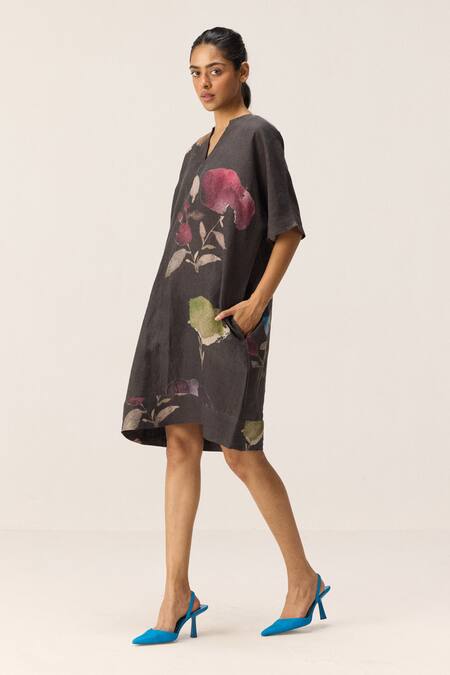 Kharakapas Charcoal Linen V-neck Floral Print Dress Online at Aza Fashions Kharakapas_Charcoal Linen V-neck Floral Print Dress _Online_at_Aza_Fashions