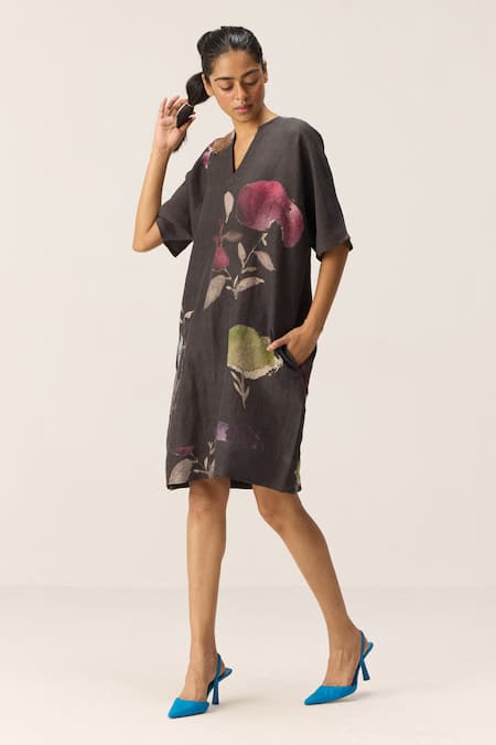 Buy Kharakapas Charcoal Linen V-neck Floral Print Dress Online at Aza Fashions Buy_Kharakapas_Charcoal Linen V-neck Floral Print Dress _Online_at_Aza_Fashions