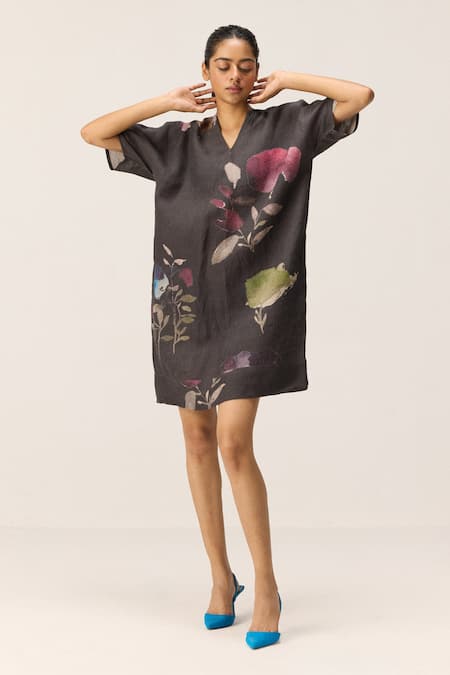 Kharakapas Floral Print Charcoal Linen Dress 