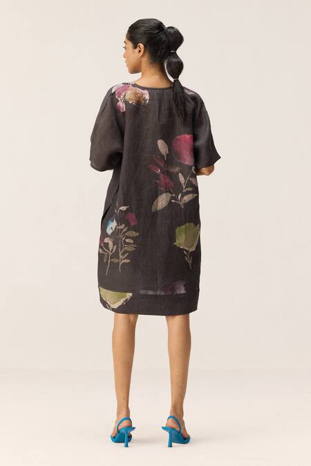 Shop Kharakapas Charcoal Linen V-neck Floral Print Dress at Aza Fashions Shop_Kharakapas_Charcoal Linen V-neck Floral Print Dress _at_Aza_Fashions