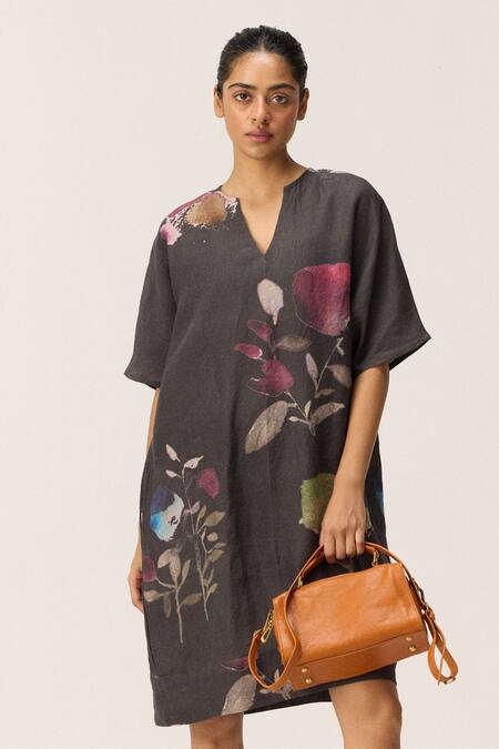 Shop Kharakapas Charcoal Linen V-neck Floral Print Dress Online at Aza Fashions Shop_Kharakapas_Charcoal Linen V-neck Floral Print Dress _Online_at_Aza_Fashions