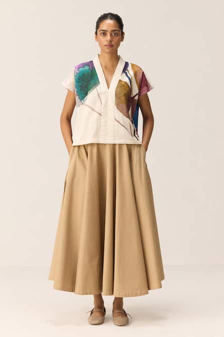 Shop_Kharakapas_Beige Cotton Pecan Skirt _Online_at_Aza_Fashions