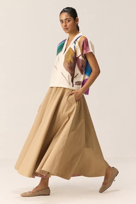 Kharakapas_Beige Cotton Pecan Skirt _at_Aza_Fashions
