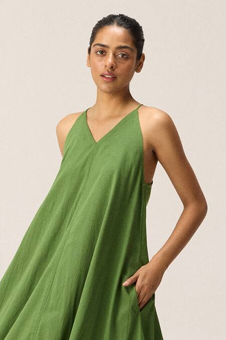 Kharakapas Green Cotton V-neck Forest Blush Dress Online at Aza Fashions Kharakapas_Green Cotton V-neck Forest Blush Dress _Online_at_Aza_Fashions