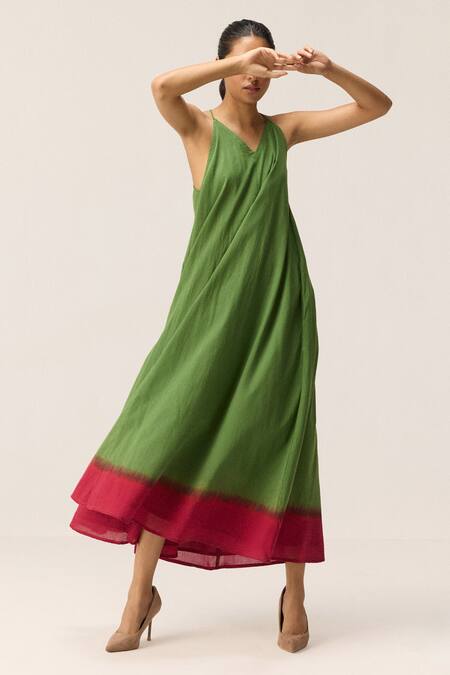 Shop Kharakapas Green Cotton V-neck Forest Blush Dress Online at Aza Fashions Shop_Kharakapas_Green Cotton V-neck Forest Blush Dress _Online_at_Aza_Fashions