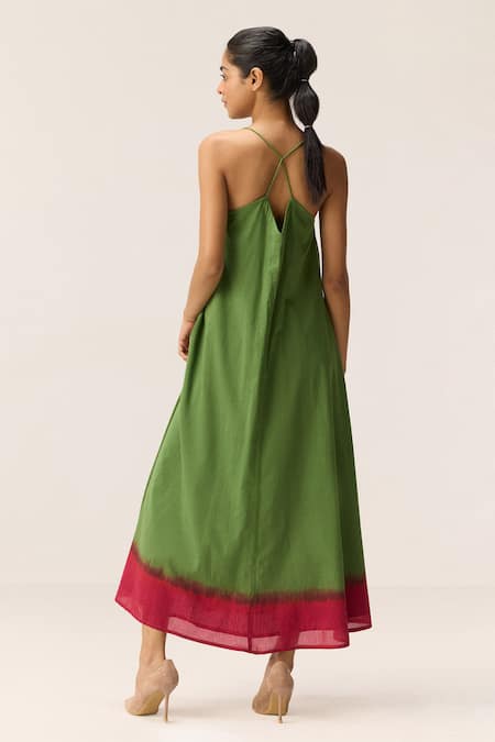 Shop Kharakapas Green Cotton V-neck Forest Blush Dress at Aza Fashions Shop_Kharakapas_Green Cotton V-neck Forest Blush Dress _at_Aza_Fashions