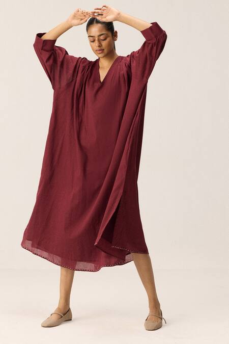 Shop Kharakapas Maroon Cotton V-neck Mul Louis Dress Online at Aza Fashions Shop_Kharakapas_Maroon Cotton V-neck Mul Louis Dress _Online_at_Aza_Fashions