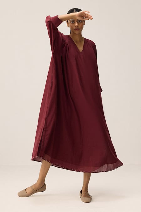 Kharakapas Maroon Cotton Mul Louis Dress 