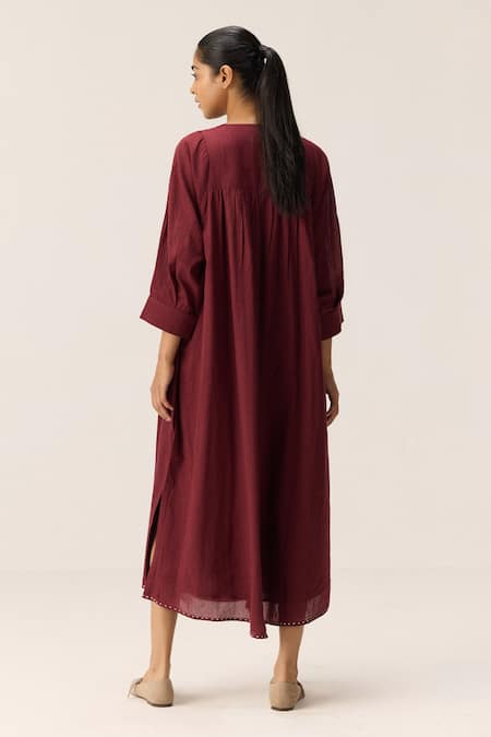 Kharakapas Maroon Cotton Mul Louis Dress 