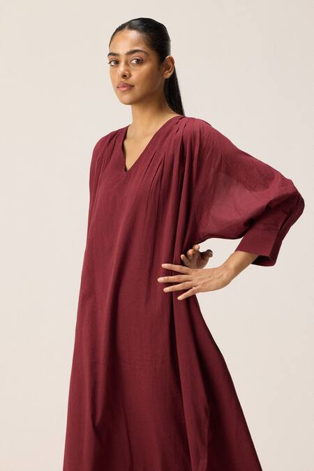 Kharakapas Maroon Cotton V-neck Mul Louis Dress at Aza Fashions Kharakapas_Maroon Cotton V-neck Mul Louis Dress _at_Aza_Fashions