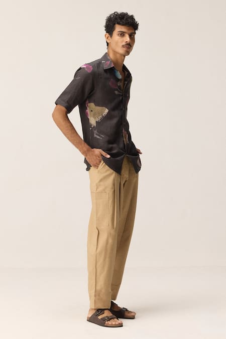 Kharakapas Charcoal Linen Grey Handpainted Floral Shirt Online at Aza Fashions Kharakapas_Charcoal Linen Grey Handpainted Floral Shirt _Online_at_Aza_Fashions
