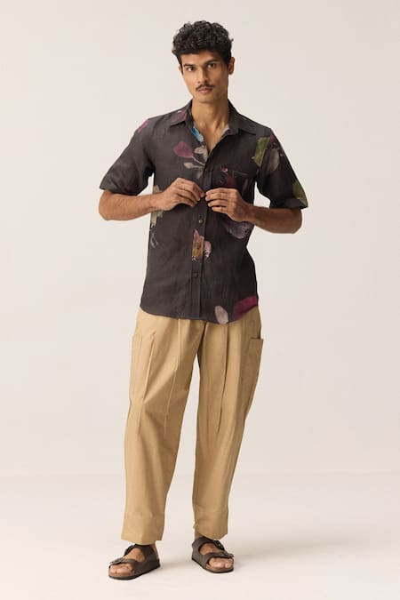 Buy Kharakapas Charcoal Linen Grey Handpainted Floral Shirt Online at Aza Fashions Buy_Kharakapas_Charcoal Linen Grey Handpainted Floral Shirt _Online_at_Aza_Fashions