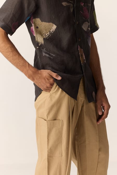 Kharakapas Charcoal Linen Grey Handpainted Floral Shirt at Aza Fashions Kharakapas_Charcoal Linen Grey Handpainted Floral Shirt _at_Aza_Fashions