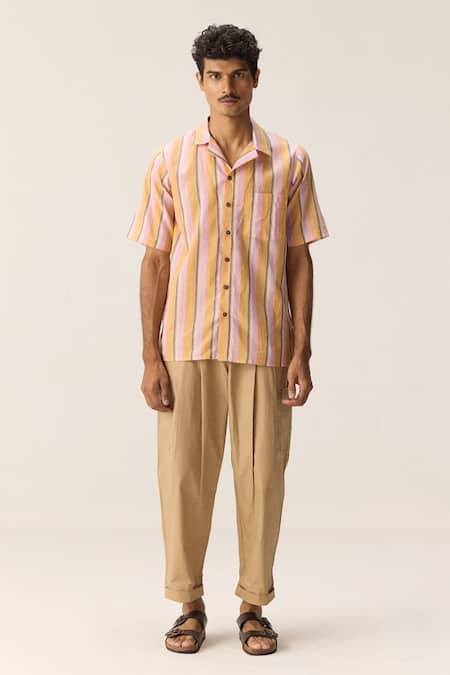 Shop_Kharakapas_Pink Cotton Citrus Waves Fine Shirt _Online_at_Aza_Fashions