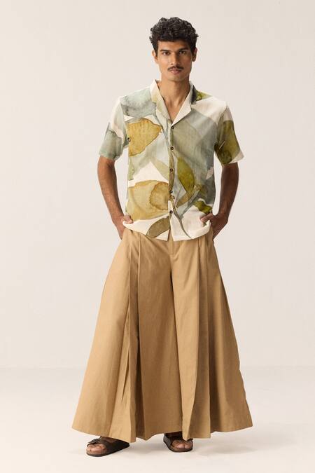 Buy_Kharakapas_Off White Cotton Echoes Leaves Shirt _Online_at_Aza_Fashions