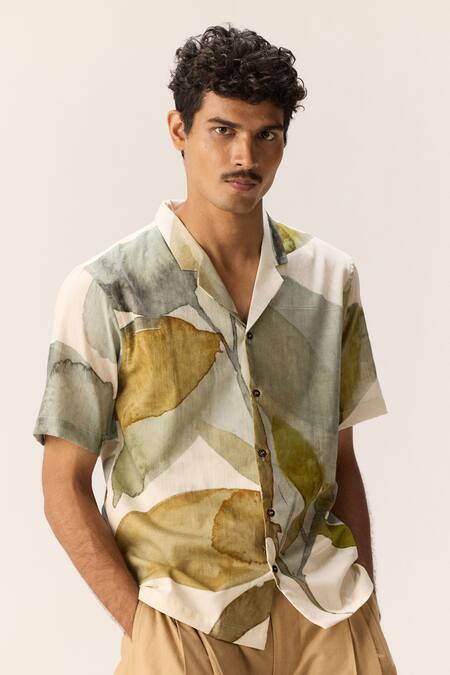 Kharakapas_Off White Cotton Echoes Leaves Shirt _at_Aza_Fashions