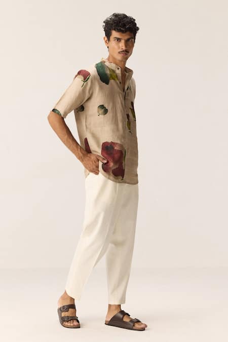 Kharakapas_Cream Linen Floral Print Belgian Shirt _Online_at_Aza_Fashions