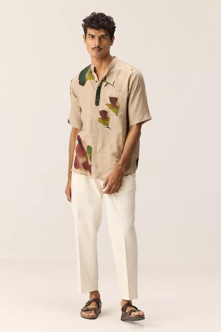 Buy_Kharakapas_Cream Linen Floral Print Belgian Shirt _Online_at_Aza_Fashions