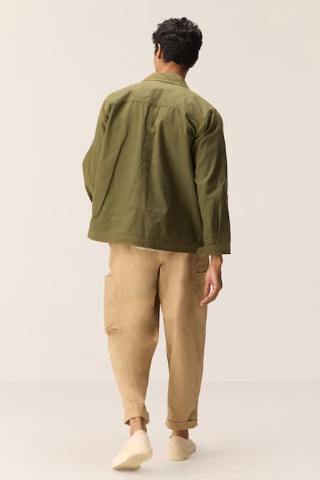 Shop Kharakapas Olive Green Cotton Oxford Shacket at Aza Fashions Shop_Kharakapas_Olive Green Cotton Oxford Shacket _at_Aza_Fashions