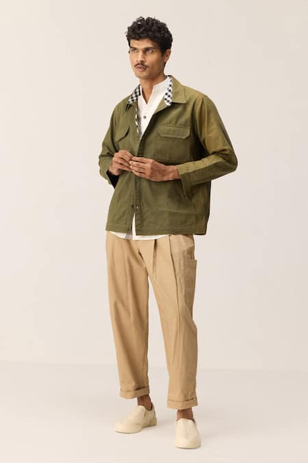 Kharakapas Olive Green Cotton Oxford Shacket Online at Aza Fashions Kharakapas_Olive Green Cotton Oxford Shacket _Online_at_Aza_Fashions