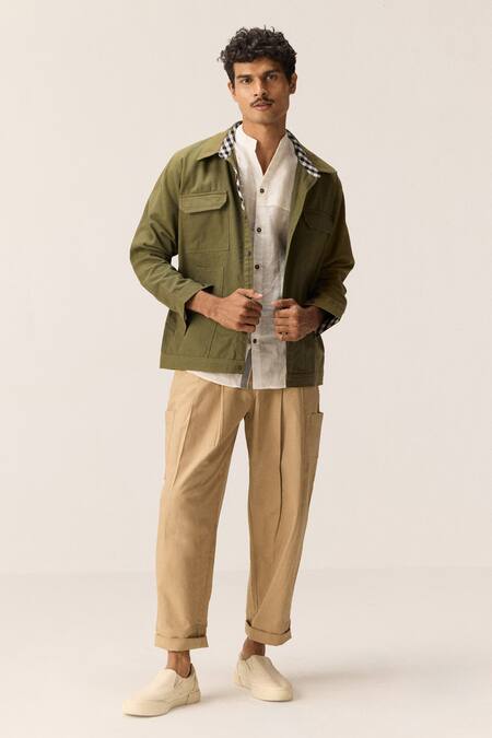 Shop Kharakapas Olive Green Cotton Oxford Shacket Online at Aza Fashions Shop_Kharakapas_Olive Green Cotton Oxford Shacket _Online_at_Aza_Fashions