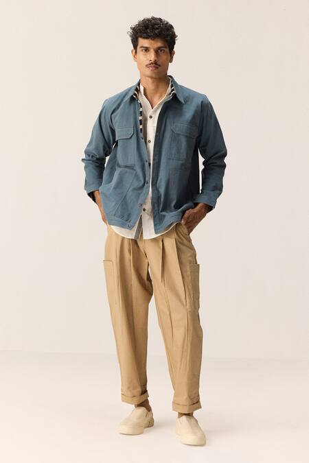 Kharakapas_Blue Cotton, Twill Shacket _Online_at_Aza_Fashions
