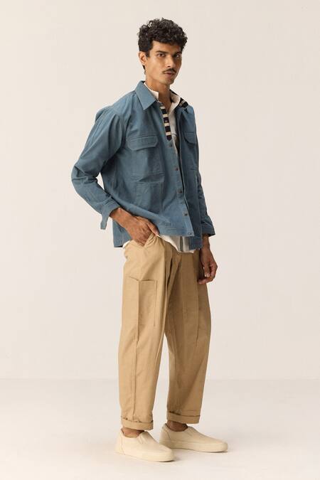 Buy_Kharakapas_Blue Cotton, Twill Shacket _Online_at_Aza_Fashions
