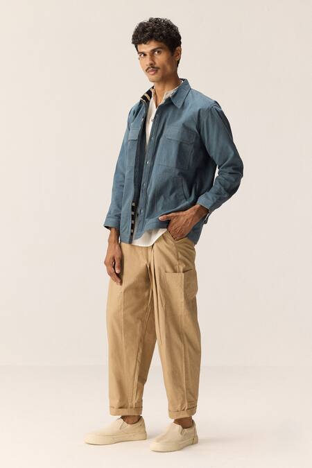 Shop_Kharakapas_Blue Cotton, Twill Shacket _Online_at_Aza_Fashions