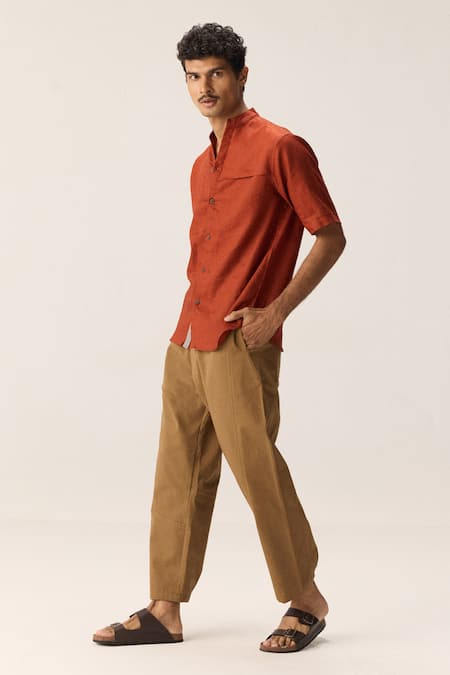 Kharakapas_Red Cotton, Linen Mandarin Collar Shirt _Online_at_Aza_Fashions
