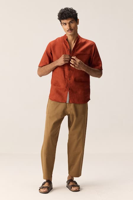 Buy_Kharakapas_Red Cotton, Linen Mandarin Collar Shirt _Online_at_Aza_Fashions