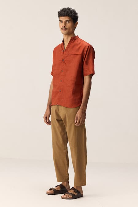 Shop_Kharakapas_Red Cotton, Linen Mandarin Collar Shirt _Online_at_Aza_Fashions