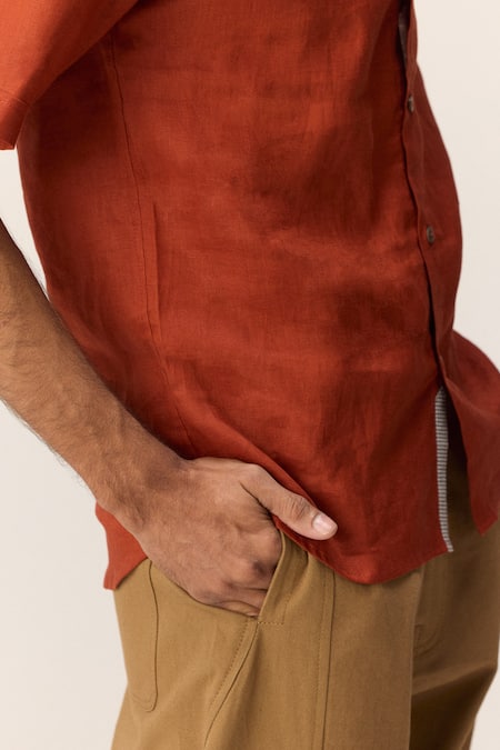 Kharakapas_Red Cotton, Linen Mandarin Collar Shirt _at_Aza_Fashions