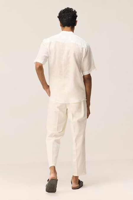 Kharakapas White Linen Mandarin Collar Shirt 