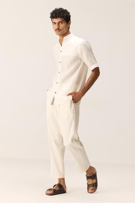Kharakapas_White Cotton, Linen Mandarin Collar Shirt _Online_at_Aza_Fashions
