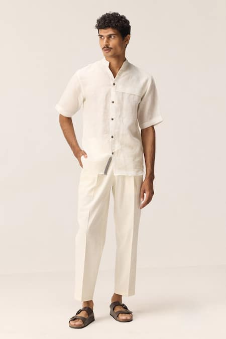 Buy_Kharakapas_White Cotton, Linen Mandarin Collar Shirt _Online_at_Aza_Fashions