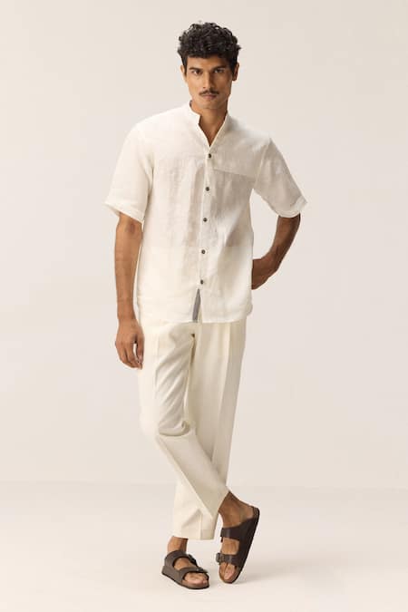 Shop_Kharakapas_White Cotton, Linen Mandarin Collar Shirt _Online_at_Aza_Fashions