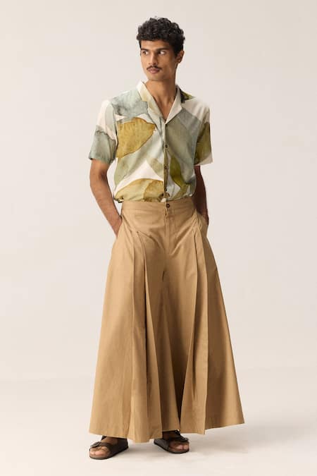 Kharakapas Beige Pleated Flared Pants 