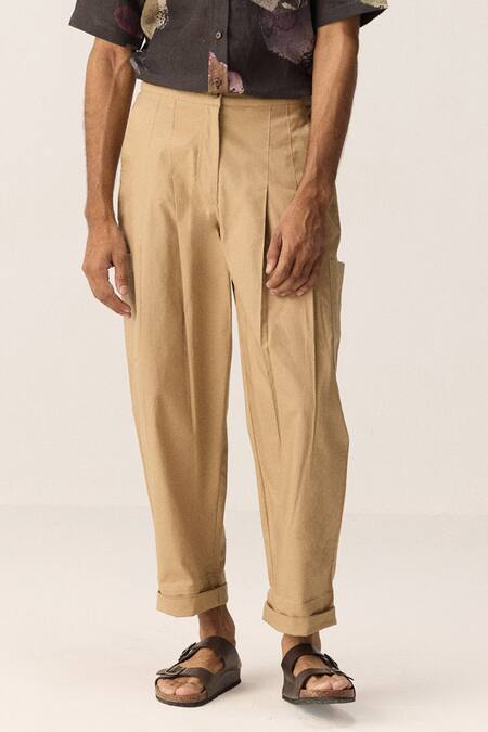 Kharakapas Beige Cotton, Oxford Straight-fit Trousers Online at Aza Fashions Kharakapas_Beige Cotton, Oxford Straight-fit Trousers _Online_at_Aza_Fashions