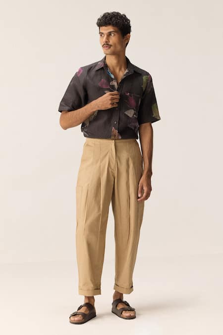 Kharakapas Beige Cotton Oxford Straight-Fit Trousers 