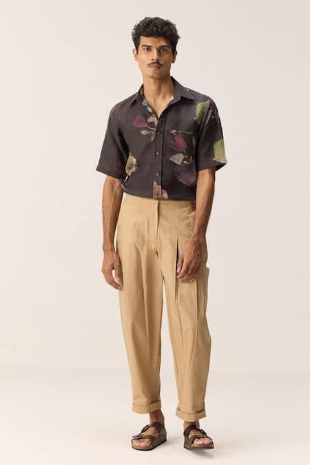 Shop Kharakapas Beige Cotton, Oxford Straight-fit Trousers Online at Aza Fashions Shop_Kharakapas_Beige Cotton, Oxford Straight-fit Trousers _Online_at_Aza_Fashions