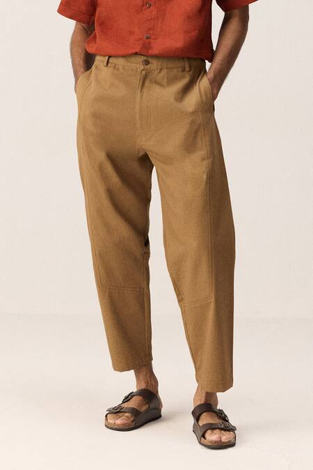 Kharakapas Brown Cotton, Twill Cocoa Trace Trousers Online at Aza Fashions Kharakapas_Brown Cotton, Twill Cocoa Trace Trousers _Online_at_Aza_Fashions