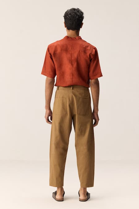 Shop Kharakapas Brown Cotton, Twill Cocoa Trace Trousers at Aza Fashions Shop_Kharakapas_Brown Cotton, Twill Cocoa Trace Trousers _at_Aza_Fashions