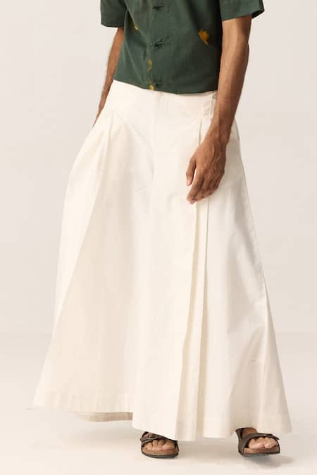 Kharakapas_White Oxford, Cotton Flared Trousers_Online_at_Aza_Fashions